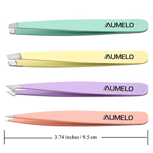 Tweezers Set 4-Piece Professional Stainless Steel Tweezers with Leather Travel Case by AUMELO - Precision Eyebrow and Splinter Ingrown Hair Removal Tweezer - MultiColor - color: Multicolor