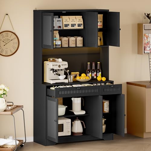 BORNOON Pantry Cabinet with Charging Station and Light, Tall Kitchen Pantry Storage Cabinet with Microwave Stand, Wide Fluted Kitchen Hutch with Storage Drawers and Adjustable Shelves for Dining Room - color: Black, size: 6-Door