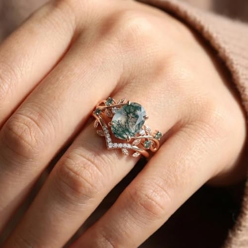 Natural Moss Agate Engagement Ring Set for Women, Unique Genuine Moss Agate Ring, 925 Sterling Silver 10K 14K 18K Solid Gold Nature Inspired Bridal Set, Boho Wedding Jewelry Gift - color: Five