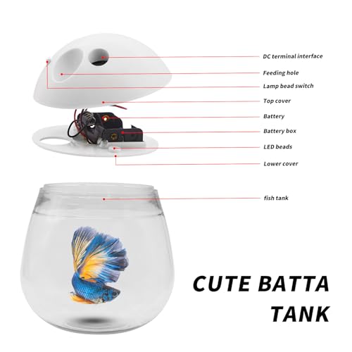 Mini Betta Fish Tank, Small Fish Bowl, Plastic Fish Tank with Lid, Desktop Clear Round Fish Bowl and LED for Small Fish, Insect, Shrimp, Crab, Jellyfish Goldfish, Room Decor (with Charger Pattern)