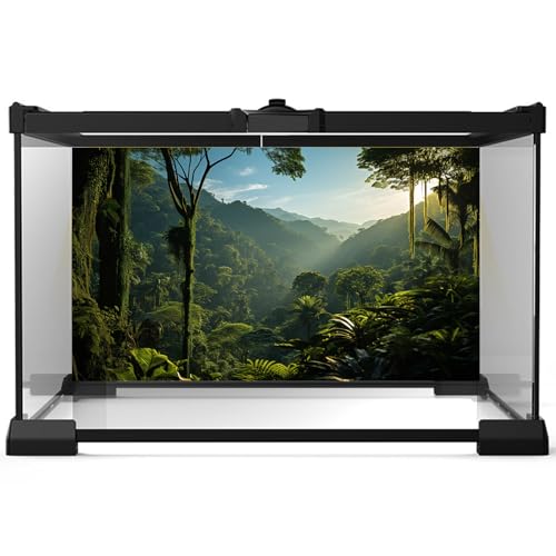 Tropical Aquarium Background Rainforest Jungle Style Terrarium Backdrop Blue Sky Forest Lush Tropical Plants Sunlight Fish Tank Background Reptile Habitat Backdrop Decor Vinyl 24x12in - color: Leaf Dark Green, size: 24(W)x12(H)inches/ 60(W)*30cm(H)
