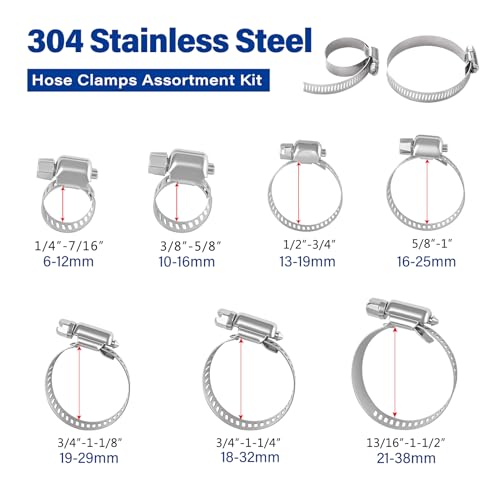 165PCS Adjustable Stainless Steel Hose Clamps Assortment Kit, 1/4''- 1-1/2'' (6-38mm) Worm Gear Metal Fuel Line Clamp for Plumbing, Automotive and Mechanical Applications - size: 165pcs 6-38mm
