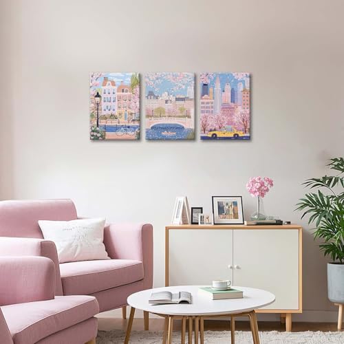 XLARTMY Watercolor City Landscape Travel Wall Art Canvas Framed Pink Cherry Flower Poster Girly Prints Painting Pictures Set of 3 for Bedroom Living Room Office 12x16in - color: Watercolor City PB, size: 12x16in Canvas