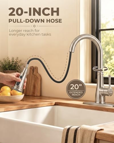 WEWE Vintage Kitchen Faucet with Pull Down Sprayer, Stainless Steel 1 or 3 Hole High Arc Single Handle Antique Sink Faucet for Classic Modern Ktichen, Brushed Nickel Bar & Prep Sinks - color: Brushed Nickel, style: Vintage