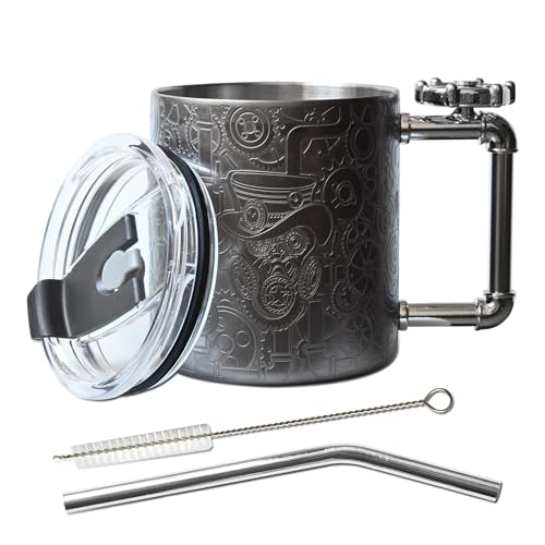 Sky Fish 3D Etching Novelty Coffee Mugs Stainless Steel Beer Travel Mugs Water Cup for Cold Beverage Drink Funny coffee tumbler with Rotating Bearing Handle with Lid and Straw,Dark Gray, 12oz