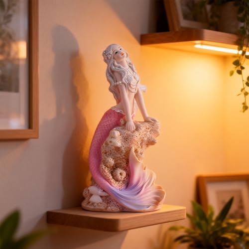 Rayberro 7.48" Mermaid Figurines Resin Pink Mermaid Sculpture Mediterranean Princess Statue Ornaments Home Office Desktop Bookshelf Decor Mermaid Collectible Crafts Fish Tank Aquarium Decoration Gift - color: Pink Hold Hand