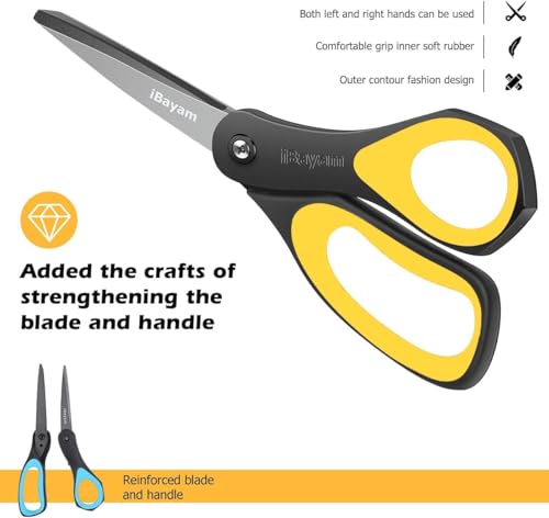 Scissors, iBayam 3 Pack 8" All Purpose Nonstick Scissors, 2.5MM Thickness Titanium Blades with Comfort Grip, Heavy Duty Shears for Office School Home Classroom General Use Art and Craft DIY Supplies - color: Yellow, Blue, Red, size: 3-Pack