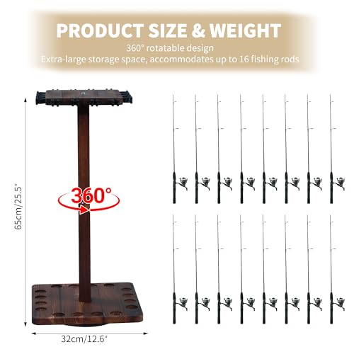 360° Rotating Fishing Rod Holder, Natural Wooden Fishing Pole Rack Stores 16 Rods, Floor-Standing Fishing Rod Storage Organizer with Rounded Clips for Garage, Basement, or Shed, Easy to Install - color: Brown, size: Square