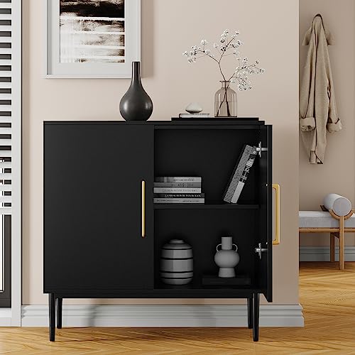 Black Storage Cabinet with Doors, Modern Accent Cabinet, Free Standing Cabinet with Adjustable Shelf, Wooden Buffet Sideboards for Living Room, Kitchen, Dining Room, Entryway - color: Black丨flat Panel, size: 1 Piece