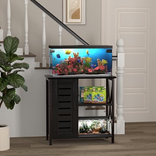 Herture 20-29 Gallon Fish Tank Stand, Aquarium Stand with Cabinet Accessories Storage, Heavy Duty Metal Frame, 31.49" L*15.74" W Tabletop, 330LBS Capacity, Black PG07YGB - color: Black, size: 20-29 Gallon