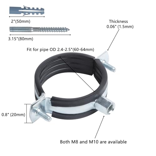 4 PCS Split Ring Pipe Hanger, Heavy Duty Adjustable Pipe Bracket Clamp with Screw & Expansion Tube, Wall Ceiling Mount Galvanized Iron Pipe Strap Supports Fit for Pipe OD 2.4-2.5 Inch(60-64mm) - size: Fit For Pipe OD 2.4-2.5 inch (60-64mm)