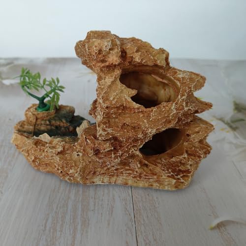 Aquarium Mountain View Stone Ornament with Tree, Artificial Resin Fish Tank Rock Cave Hill Landscape Decoration, Small Fish Hideaway Hideout for Betta Crab Shrimp
