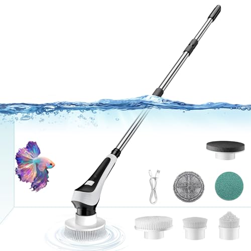 Electric Fish Tank Cleaner, Aquarium Spin Cleaning Brush, IPX8 Waterproof Aquarium Gravel Cleaner & Water Changer, Aquarium Clean Spin Scrubber & Algae Scraper Tools Kit with Adjustable Handle