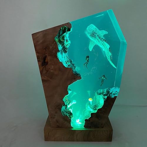 Whale Shark Ocean Resin Lamp, Handmade Wooden Table Resin Night Light, USB Port Art Ornaments for Home Office Decor, Scuba Diver Gifts for Birthday Holiday, Valentine's Day Gifts for Husband - color: Whale Shark, size: M
