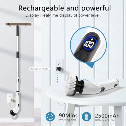 Electric Spin Scrubber, Full-Body IPX7 Waterproof Bathroom Scrubber with Power LCD Display, 8 Replacement Head, Adjustable Extension Handle, Cordless Shower Cleaner Brush for Bathtub Cleaning - color: Grey White