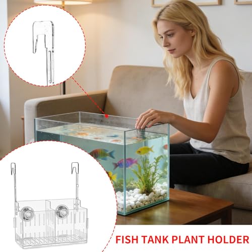Aquarium Plant Holder - Transparent Double Hook Hydroponic Planter | Adjustable Acrylic Pots in Single Double Three Grid Sizes, for Underwater Vine Moss Decoration Corner Shelf Aquarium Setup