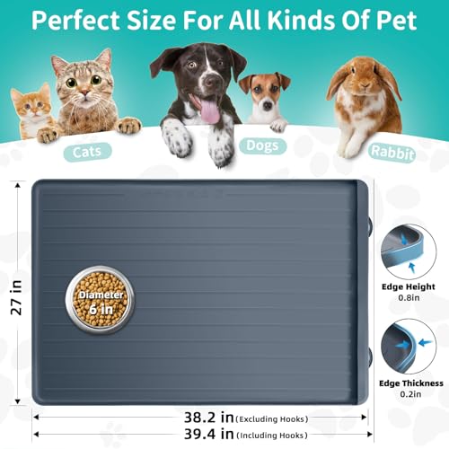 Dog Mat for Food and Water - 39.4" x 27" Large Pet Feeding Mats with Residue Collection Pocket - Waterproof Dog Cat Bowl Mat with High Edges to Prevent Water and Food Spills (Dark Grey) - color: Dark Grey