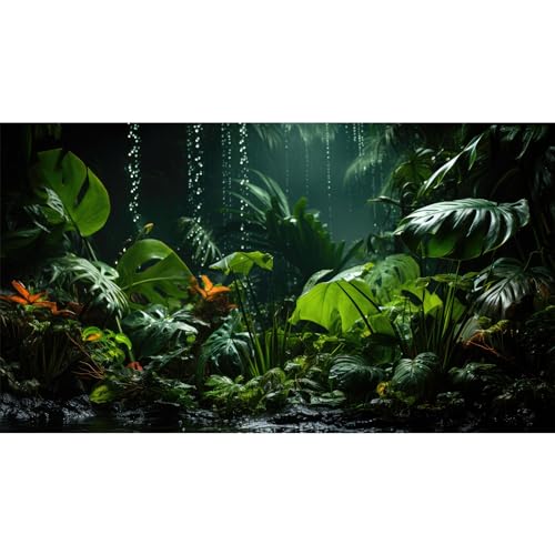 Raining Forest Aquarium Background Tropical Green Palm Leaf Fish Tank Background Rainy Jungle Leaves Nature View Reptile Tank Backgrounds Foggy Misty Rainforest Reptile Enclosure Backgrounds 24x12in - color: Foggy Green, size: 24(W)x12(H)inches/ 60(W)*30c
