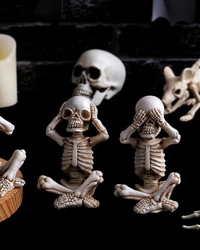 3 Pcs Aquarium Skeleton Decor - Waterproof Resin Hear No See No Speak No Evil Figurines for Fish Tank, Halloween Gothic Underwater Scene Setup