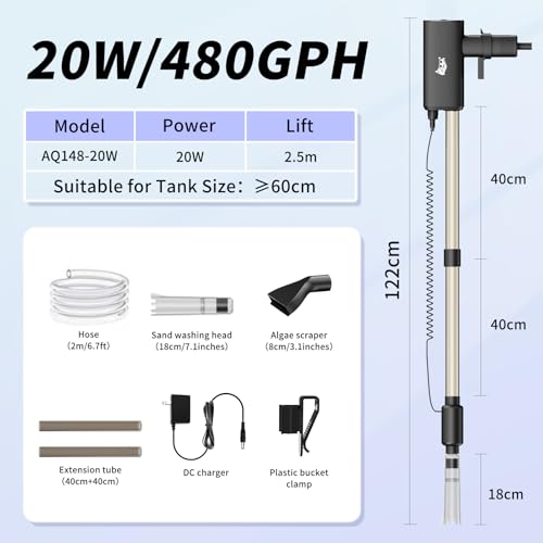 AQQA Aquarium Vacuum Gravel Cleaner 20W Electric Rechargeable Fish Tank Cleaner Tools for Automatic Water Changing, Debris Clean& Sand Washing, Strong Suction with 4-Speed Adjustable (20W, 480GPH) - size: 20W 480GPH