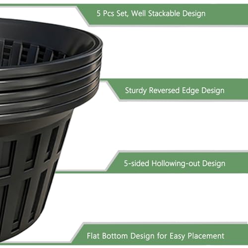 5 Pack 11 Inch Heavy Duty Hydroponic Net Pots, Black Strong Plastic Slotted Mesh Baskets for Orchids, Staghorn Ferns and Airy Grid Planters, with Support Wire