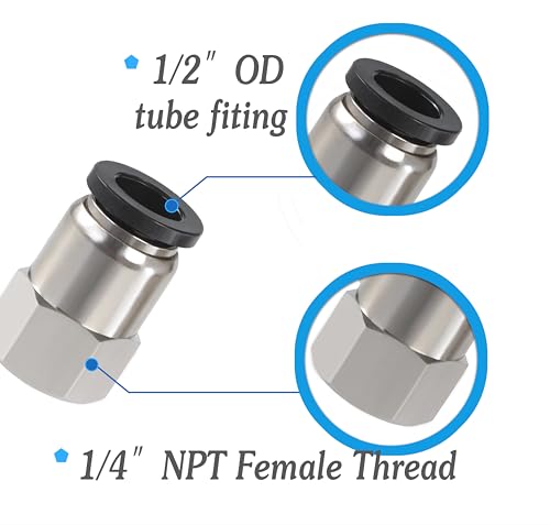 1/2 Air hose fittings, Push to Connect Air fittings Female Straight 1/2 Inch Tube OD x 1/4 NPT Thread Fitting (Pack of 5) - size: OD 1/2 - NPT 1/4, style: Female thread