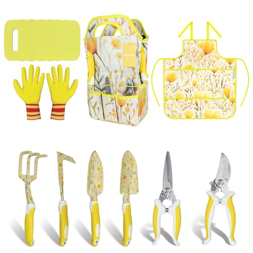 Yellow Garden Tools Set for Women, iHansee 10-Piece Gardening Tool Kit with Handbag, Non-Slip Ergonomic Handles, Gardening Gift for Women, Mom, Garden Lovers - style: Yellow
