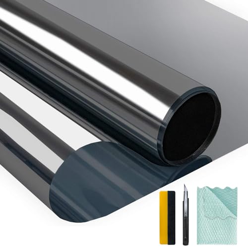 Niviy One Way Window Privacy Film with Installation Tools Window Tint for Home Effect Anti UV Heat Control Glass Door Film for Home Office (Black Silver 17.5" x 118") - color: Black Silver, size: 17.7'' x 118''