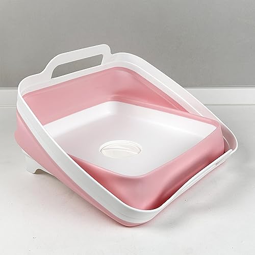 9L (2.4Gal Dish Basin Collapsible with Drain Plug Carry Handles , Space Saveing Kitchen Storage Tray Dish Wash Basin, Portable Dish Tub for Camping ,RV,Pink - color: Light Pink
