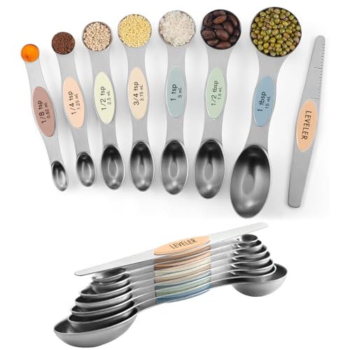 ChefAide Pack of 8 Stainless Steel Magnetic Measuring Spoons Set, Dual Sided, Stackable, Adjustable Teaspoon and Tablespoon Measure Spoon with Leveler, Kitchen Gadgets - color: Multicolor-7, size: Magnetic Measuring Spoons