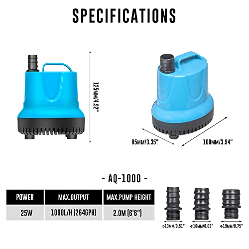 264 GPH Bottom Feed Submersible Water Pump - Energy Efficient Low-Suction Aquarium, Pond, Fountain, Hydroponics Pump, 25W - size: 264 GPH