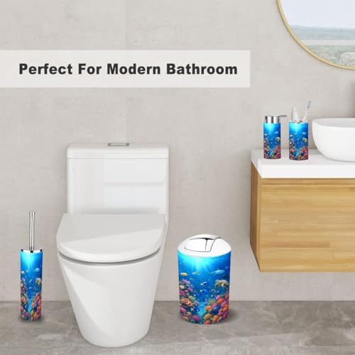 Bathroom Accessory Set 6 Piece Underwater Scene Coral Reef Tropical Fish Toothbrush Holder, Toothbrush Cup, Soap Dispenser, Soap Dish, Toilet Brush Holder, Trash can