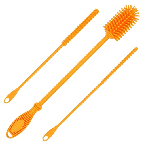 Silicone Bottle Brush with 2 Straw Cleaners - 12.5” Water Bottle Cleaner Brush for Yeti, Hydro Flask, Owala, Stanley, Baby Bottles, Glassware, Vases & Narrow Neck Containers - Orange
