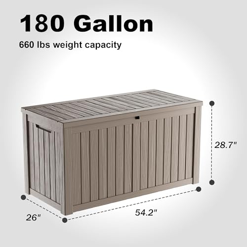 ROJIK Outdoor Storage Housing Deck Box - Waterproof Patio Furniture, Garden Tools, Cushions, Pool Accessories Storage Bench with Lockable Lid and Side Handles (Grey, 180 Gal) - color: Grey, size: 180 Gallon