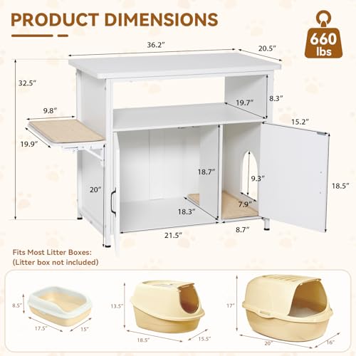 Verano Garden 40-50 Gallon Fish Tank Stand with Hidden Cat Litter Box Enclosure Furniture, Cat Viewing Aquarium Stand with Storage Shelf & Side Cat Perch, 36.2"x20.5" Tabletop, 660 LBS Capacity - color: White
