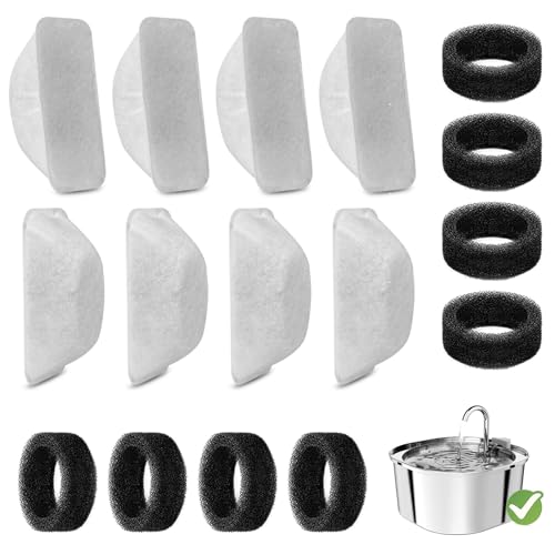 16 Pcs Cat Water Fountain Filters Replacement for 108oz/3.2L & 84oz/2.5L Pet Water Fountain,Including 8 Pcs Cat Water Fountain Filter & 8 Pcs Pre-Filter Sponges Foam Filter - color: 8+8 Pack