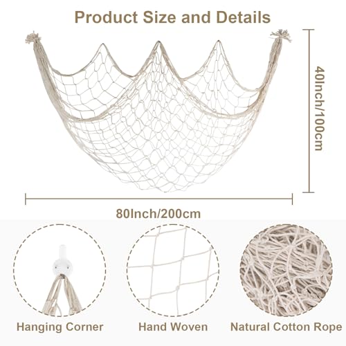 2 Pack Fish Net Decorations - 80x40 Inch Beige Fishing Net Decor for Under The Sea Hawaiian Beach Themed Party, 3mm Natural Cotton Versatile Nautical Netting for Wall Table Ceiling Halloween Decor - color: Beige, size: Large - 2 Pack