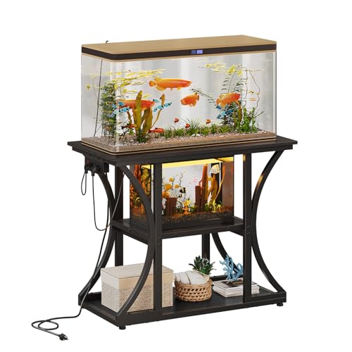 50 Gallon Aquarium Stand with Power Outlets Fish Tank Stand with 3-Tier Storage Shelves Display Stand for Turtle Tank Shelves Metal Frame Stand for Living Room Office Entryway(Black) - color: Black