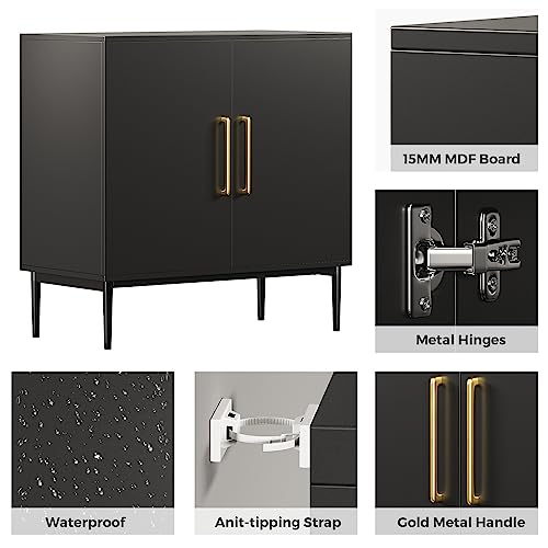 Black Storage Cabinet with Doors, Modern Accent Cabinet, Free Standing Cabinet with Adjustable Shelf, Wooden Buffet Sideboards for Living Room, Kitchen, Dining Room, Entryway - color: Black丨flat Panel, size: 1 Piece