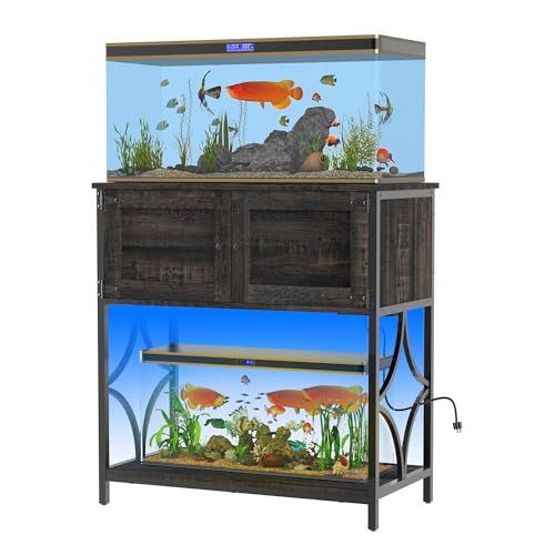 20-29 Gallon Fish Tank Stand, Aquarium Stand with Power Outlets &LED Light, Metal Frame Fish Tank Stand with Cabinet Accessories Storage, 30.7" L*15.7" W Tabletop, 330LBS Capacity, Dark Oak - color: Dark Oak