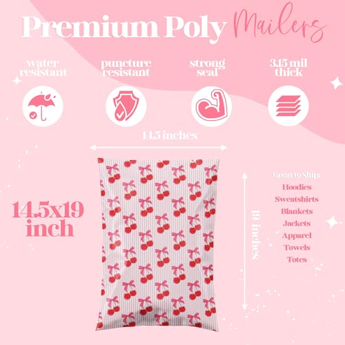 Pretty Package Store 14.5x19 Designer Poly Mailer 100 Pack Heavy Duty Waterproof Self Seal Shipping Bags, Small Business Large Mailing Envelopes Bulk Tear Resistant Packaging Pink Stripe Cherry Fruit - color: Cherry, size: 14.5x19