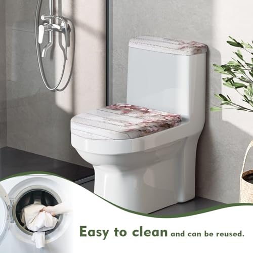 Toilet Lid Cover and Toilet Tank Lid Cover 2 PCS, with Elastic Edges Bathroom Decor Accessories Fit for Most Round Elongated and Oblong Lids, Pink Flower Wood Grain - color: Pink Flower Wood Grain