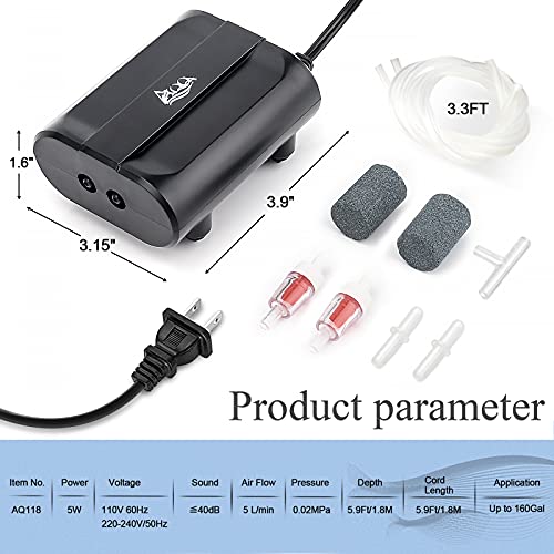 AQQA Aquarium Air Pump,3.5W 5W Dual Outlet Oxygen Pump with 2 Air Stone,Adjustable Air Valve Quiet Bubbler Pump,Up to 160 Gallon Fish Tank (5w) - size: 5w (for 1-160 gallon)