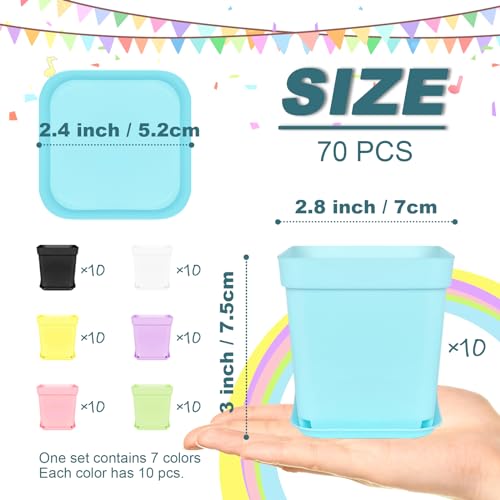 Anyumocz 70 PCS 3" Colorful Plastic Plant Pots,Plastic Square Nursery Pot,Seedling Nursery Pots with Saucers for Indoor Outdoor Plants,Garden,Flower,Home,Office,Balcony Decor - color: 7 Colors