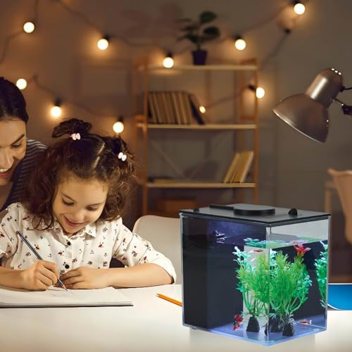 Mini Fish Tank Betta Aquarium Starter Kits Multifunctional Desktop with Switch Button LED Aquarium Kit White, 1 Gallon（Black） - color: Black