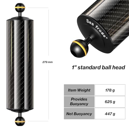 Sea frogs D60mm, 10'', Carbon Fiber Float Arm for Ultralight, Aquatic Arm, Buoyancy Provided 410g, Underwater Camera System Diving Tray Video Light/Strobe GA-7 - color: D60mm, 10'' Carbon Fiber Float Arm