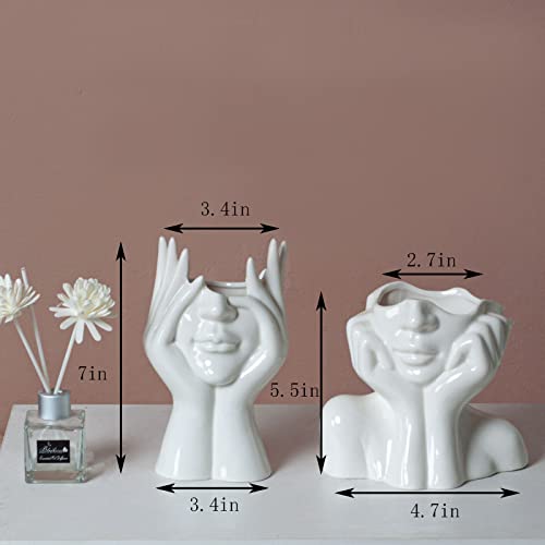 White Ceramic Face Vase Set of 2, Female Form Modern Vases Head Half Bust Vase for Flowers, Decorative Vases Centerpieces for Table Home Office Decor - color: White Face Set of 2