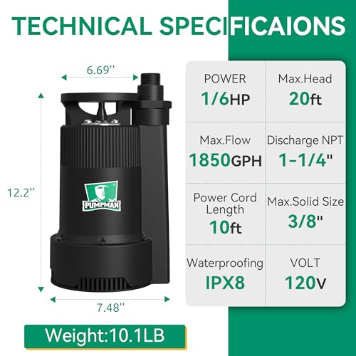 PUMPMAN 1/6HP Utility Pump, 1850 GPH Submersible Water Pump with Handle, Thermoplastic Portable Well Pump IPX8 Waterproof for Pools, Basements, Car Washing, Garden - style: 1/6HP 1850GPH