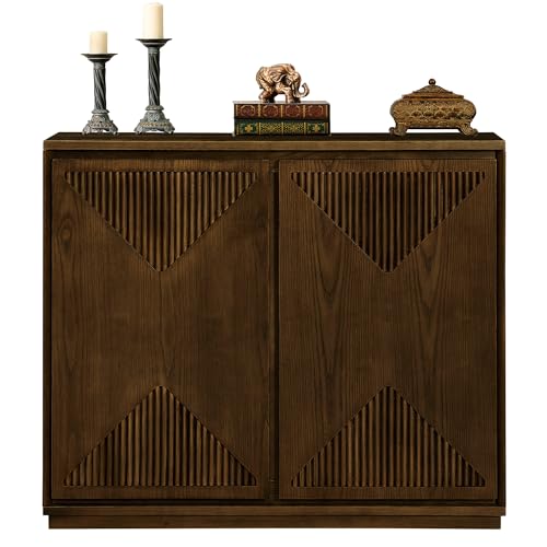 LKTART Buffet Cabinet Sideboard with Storage,Mid Century Modern Accent Credenza Cabinet with Doors & Shelves,Wood Coffee Bar Media Console Table for Kitchen, Living Room, Entryway-Brown Walnut - color: D- Brown Walnut, size: 1 Piece