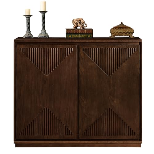 LKTART Narrow Sideboard Buffet Storage Cabinet with Solid Wood Doors,Mid Century Modern Accent Credenza Cabinet,Media Console Table for Kitchen, Living Room, Entryway-Dark Walnut - color: D- Dark Walnutt, size: 1 Piece